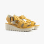 Fly London YUDD236FLY Womens Sandals Bumblebee side view with yellow leather straps and wedge sole.