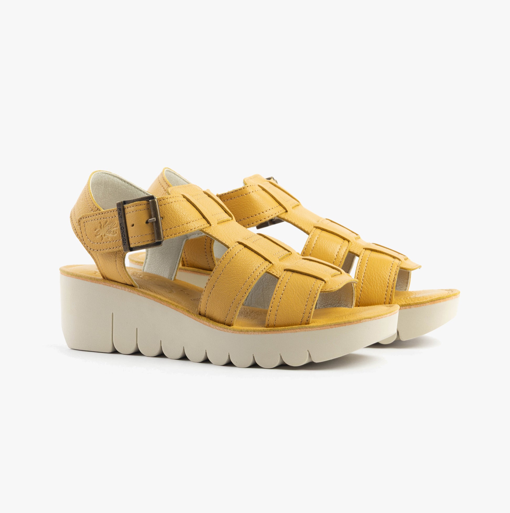 Fly London YUDD236FLY Womens Sandals Bumblebee side view with yellow leather straps and wedge sole.