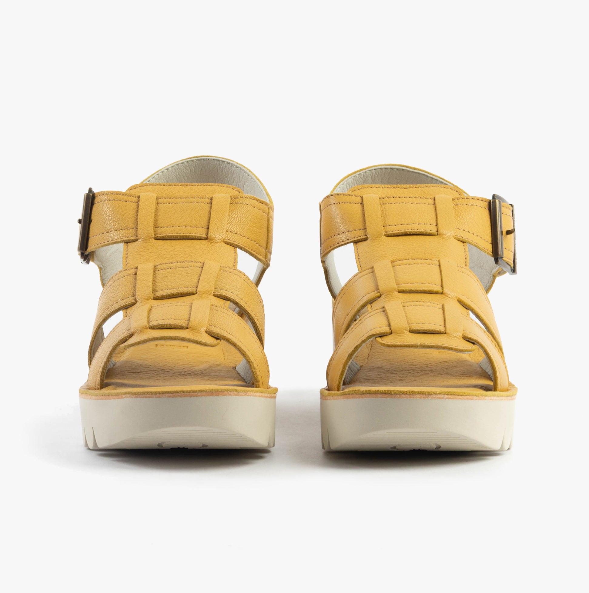 Fly London YUDD236FLY Womens Sandals Bumblebee front view showing yellow leather upper and stylish buckle fastening.