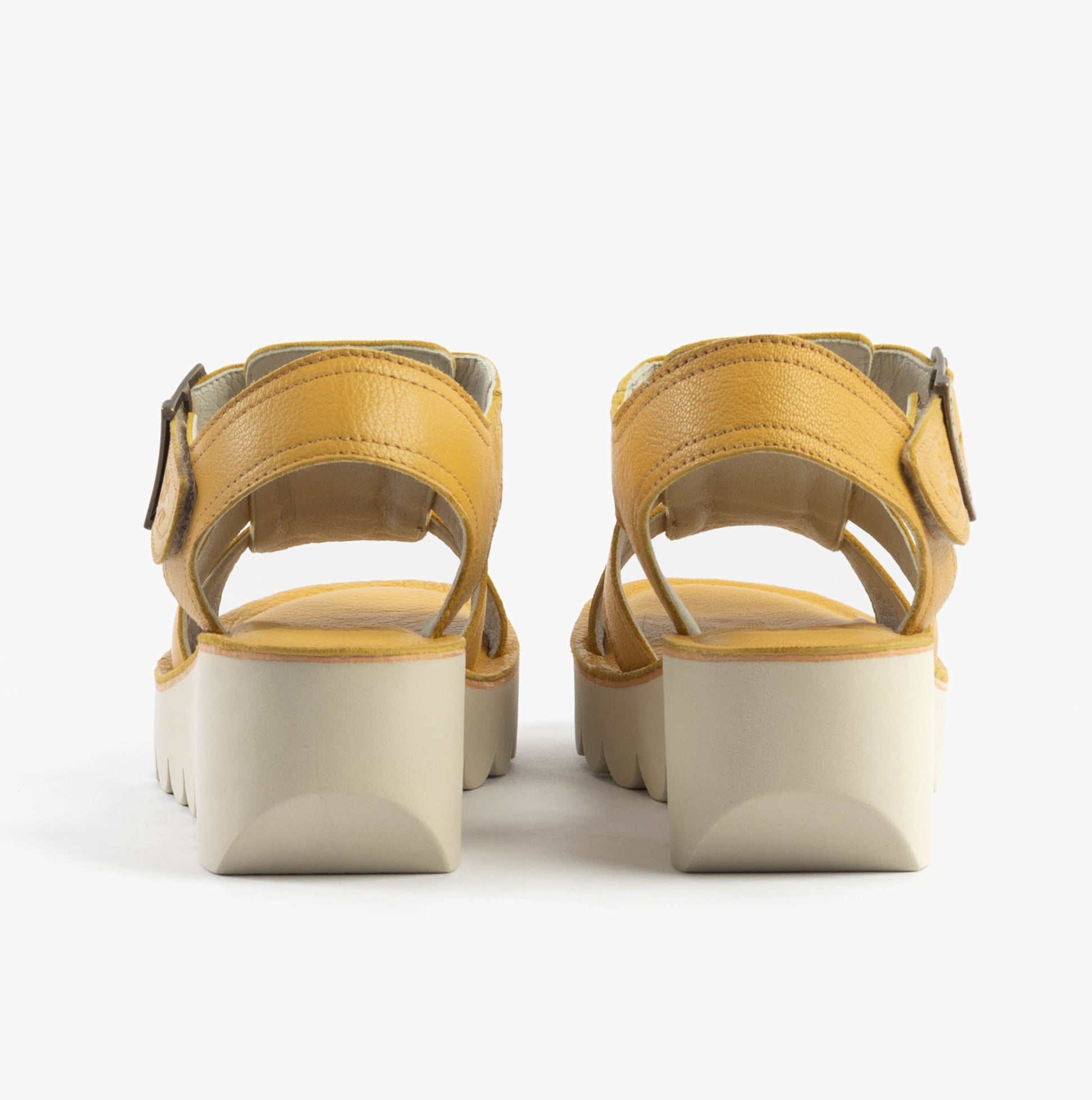 Fly London YUDD236FLY Womens Sandals Bumblebee back view showcasing leather upper and wedge heel.
