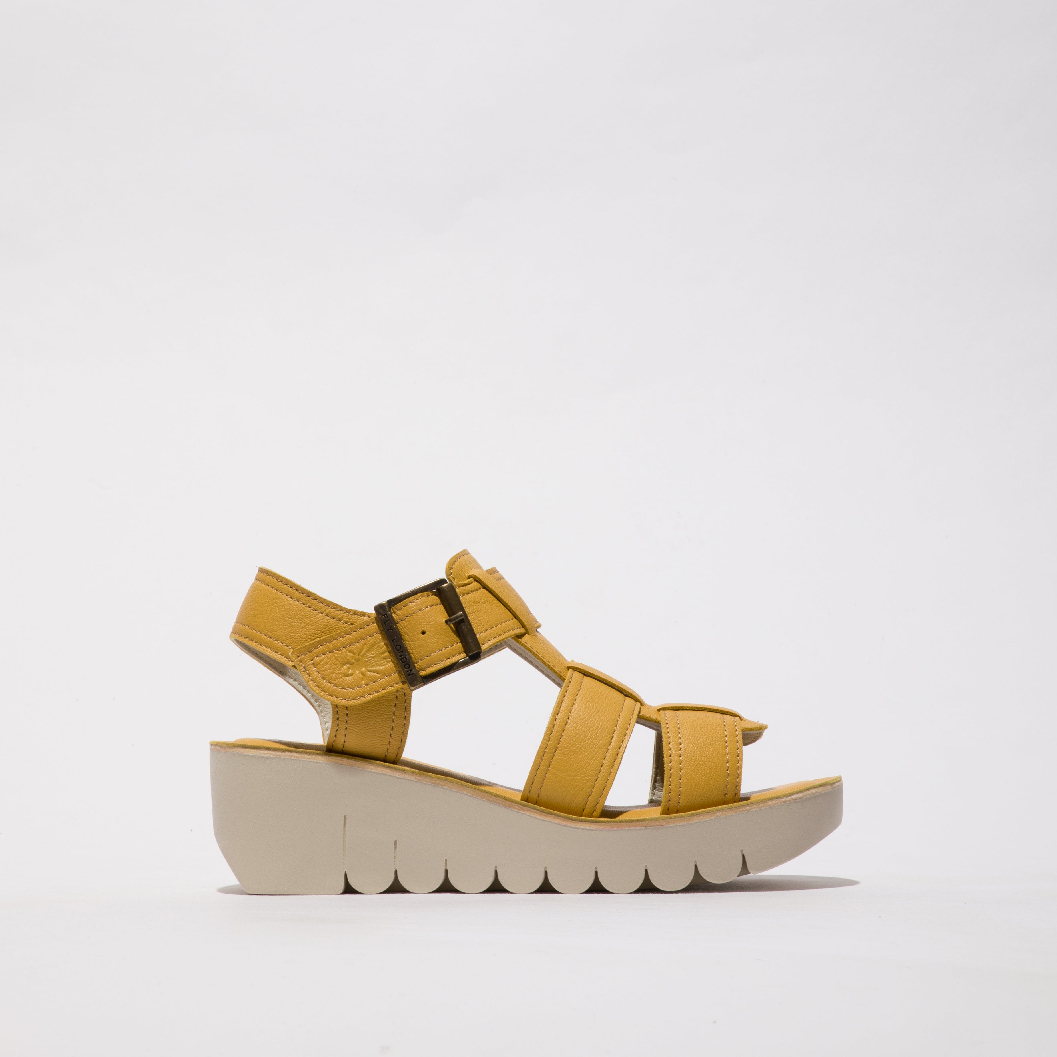 Fly London YUDD236FLY Womens Sandals Bumblebee side view showcasing leather upper and wedge heel design.