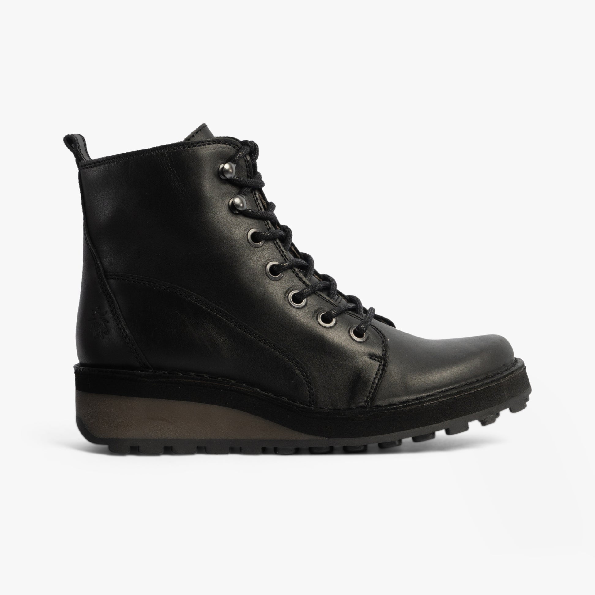 Fly London HAZI147FLY Womens Boots Black side view showcasing lace-up design and block heel.