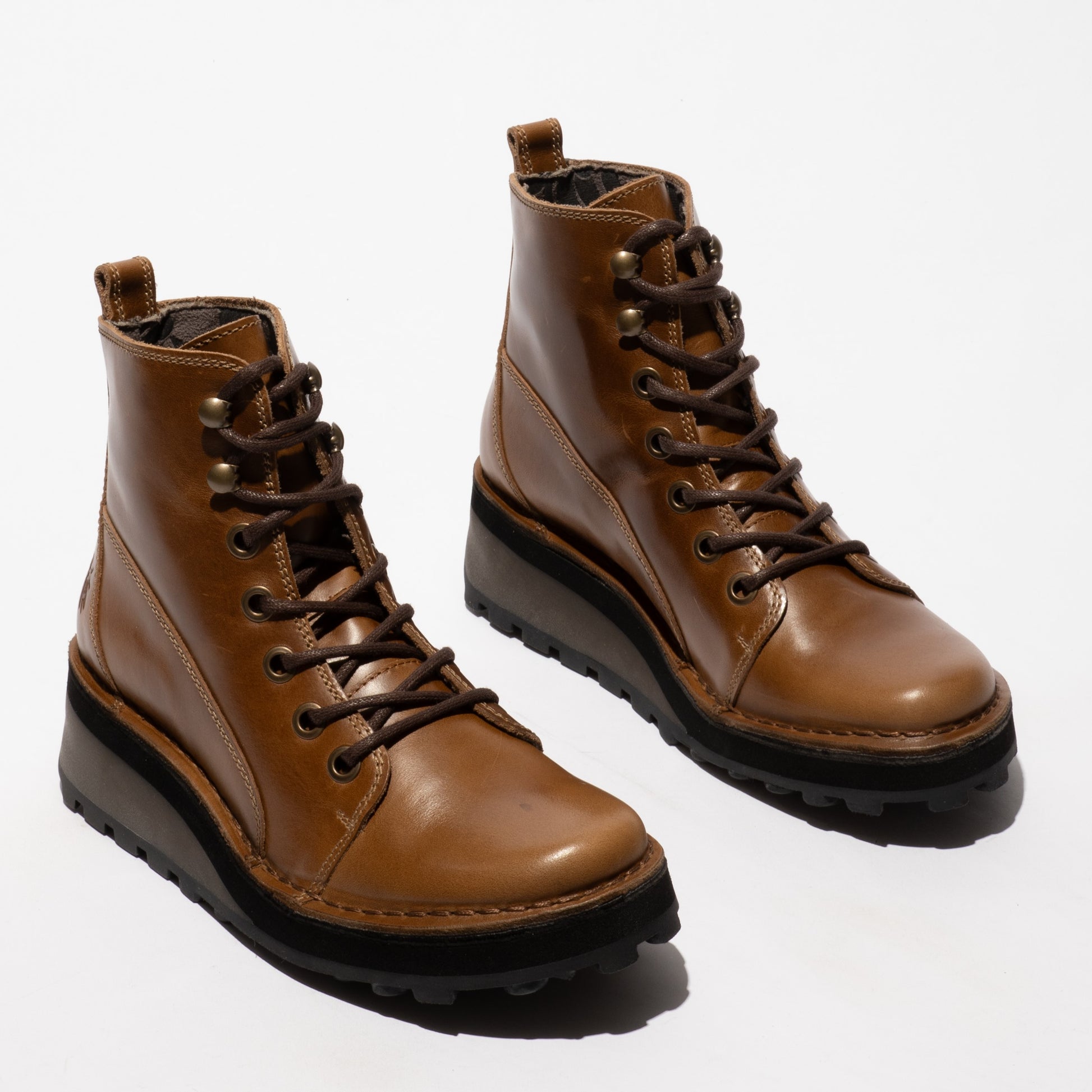 Fly London HAZI147FLY Womens Boots Camel side view, ankle boots with lace-up closure and wedge sole.