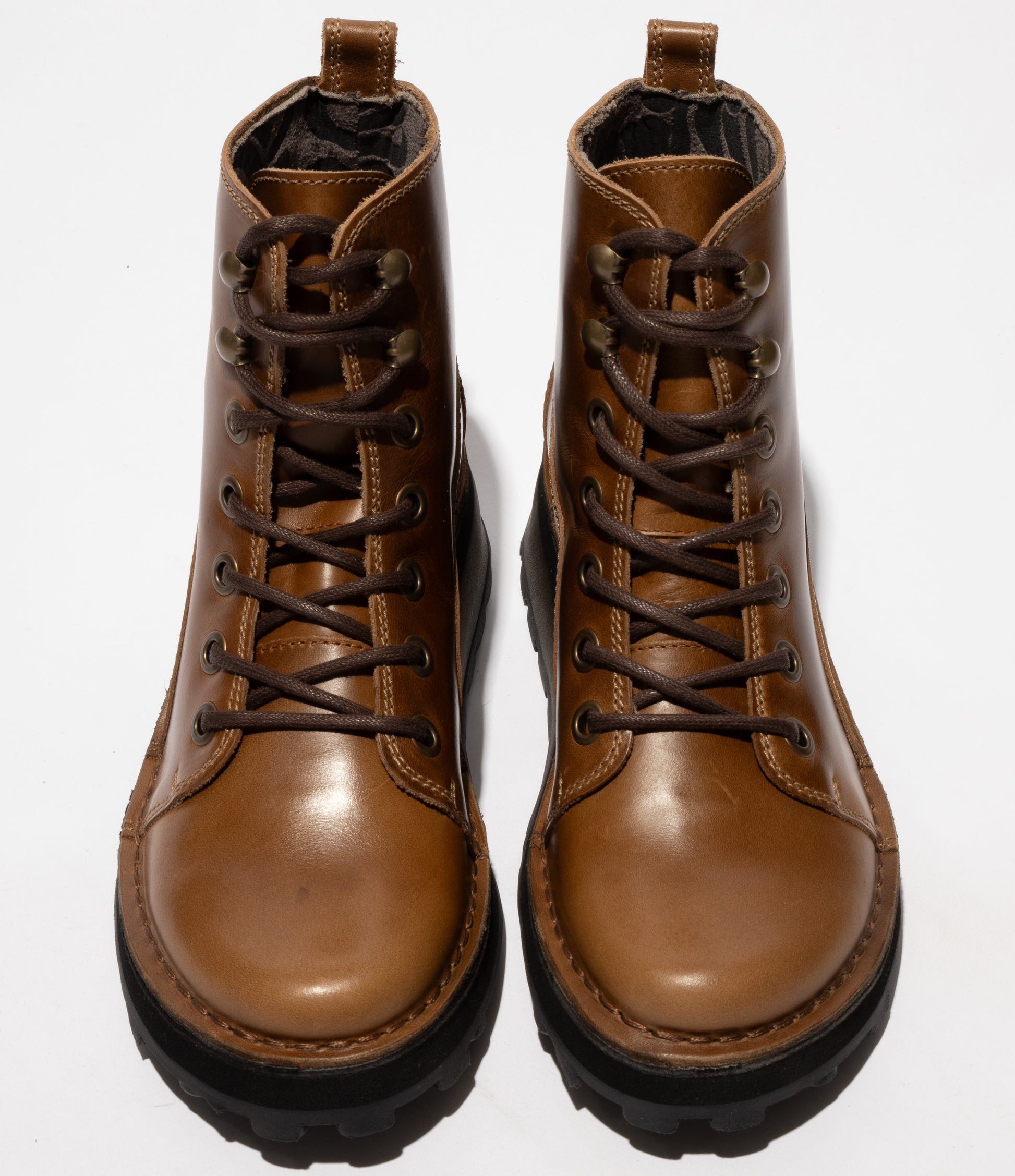 Fly London HAZI147FLY Womens Boots Camel top view showcasing lace-up design and round toe.
