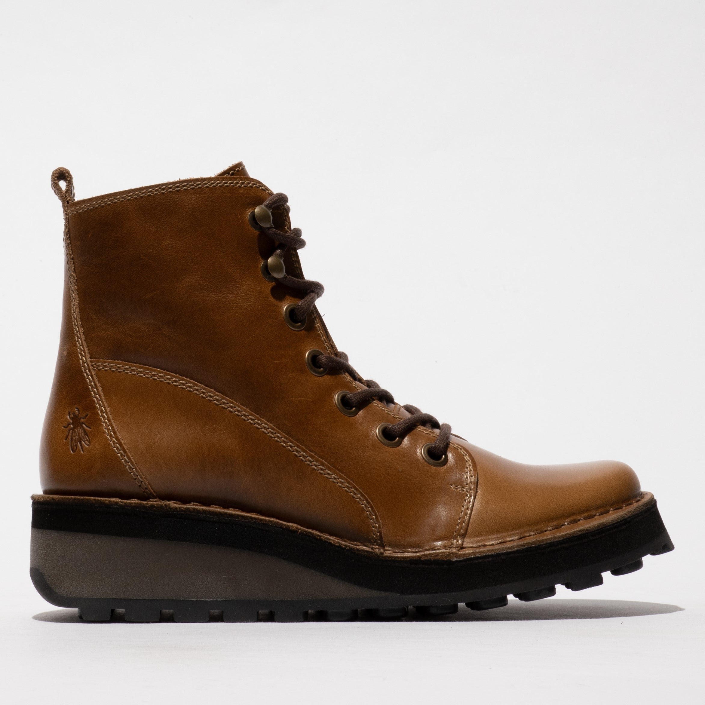 Fly London HAZI147FLY Womens Boots Camel side view showing leather upper, lace-up closure, and wedge sole.