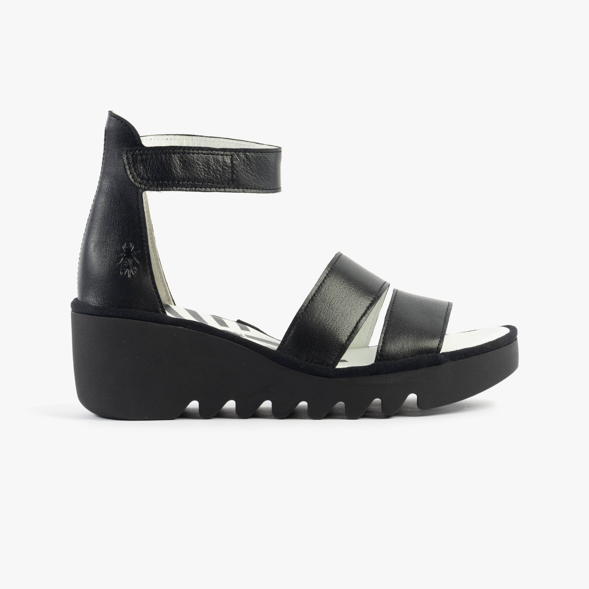 Fly London BONO290FLY Womens Sandals Black side view featuring leather upper and wedge rubber sole.