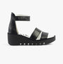 Fly London BONO290FLY Womens Sandals Black side view featuring leather upper and wedge rubber sole.