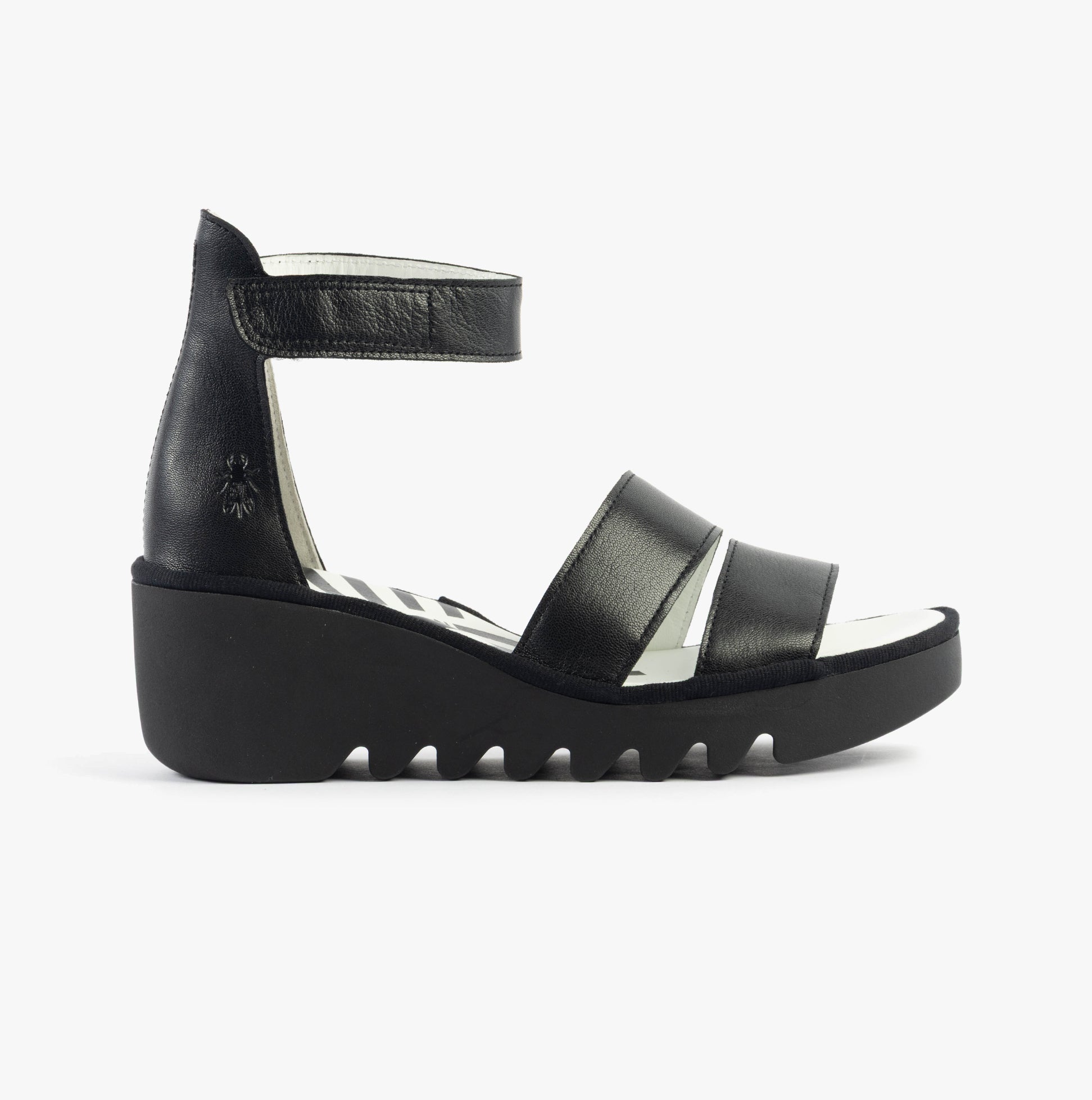 Fly London BONO290FLY Womens Sandals Black side view featuring leather upper and wedge rubber sole.