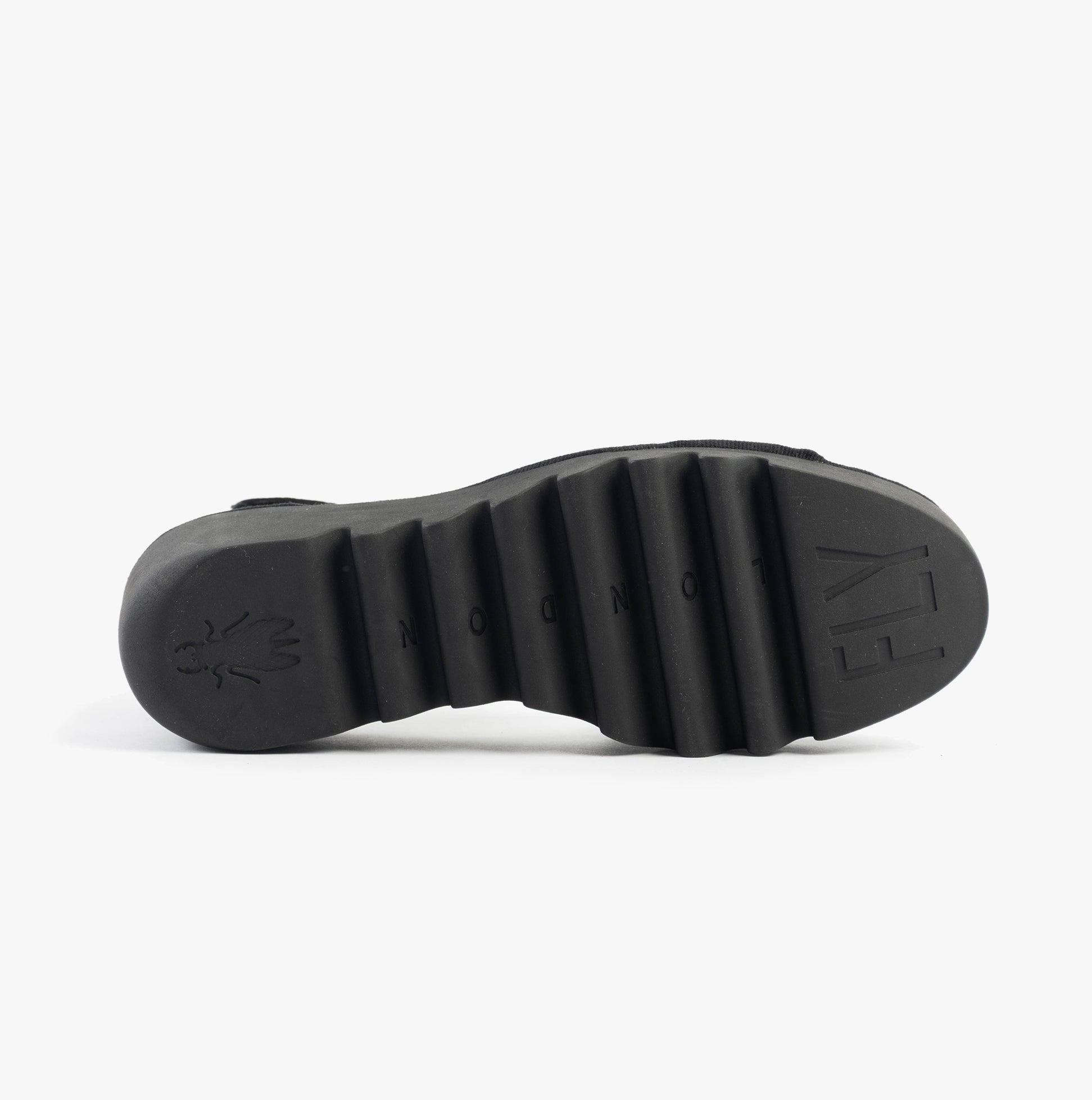 Fly London BONO290FLY Womens Sandals Black bottom view showing rubber sole detail.