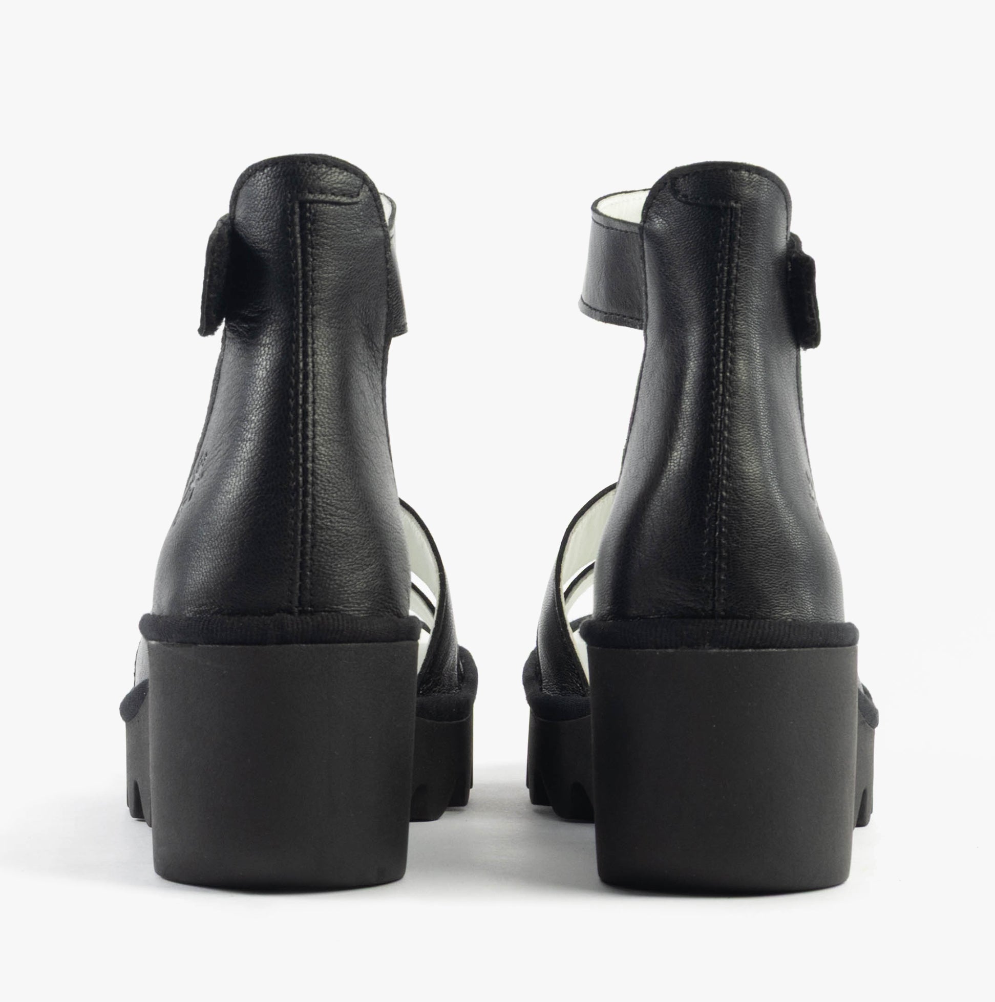 Fly London BONO290FLY Womens Sandals Black back view showcasing leather with wedge heel design.