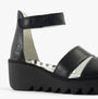 Fly London BONO290FLY Womens Sandals Black side view showing leather upper and wedge heel design