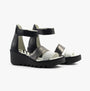 Fly London BONO290FLY Womens Sandals Silver/Graphite/Black side view showcasing leather upper and wedge heel.
