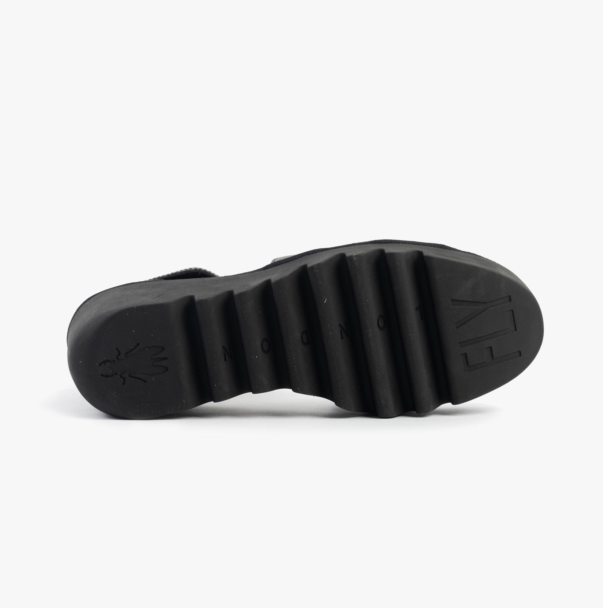 Fly London BONO290FLY Womens Sandals Silver/Graphite/Black bottom view showing rubber sole design and texture.