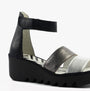Fly London BONO290FLY Womens Sandals Silver/Graphite/Black side view showcasing the wedge heel and touch fasten closure.
