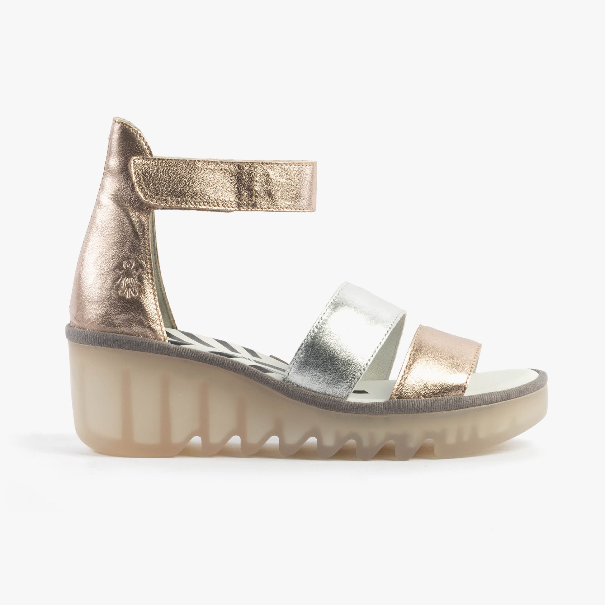 Fly London BONO290FLY Womens Sandals Sahara/Silver/Sahara side view with metallic straps and wedge heel