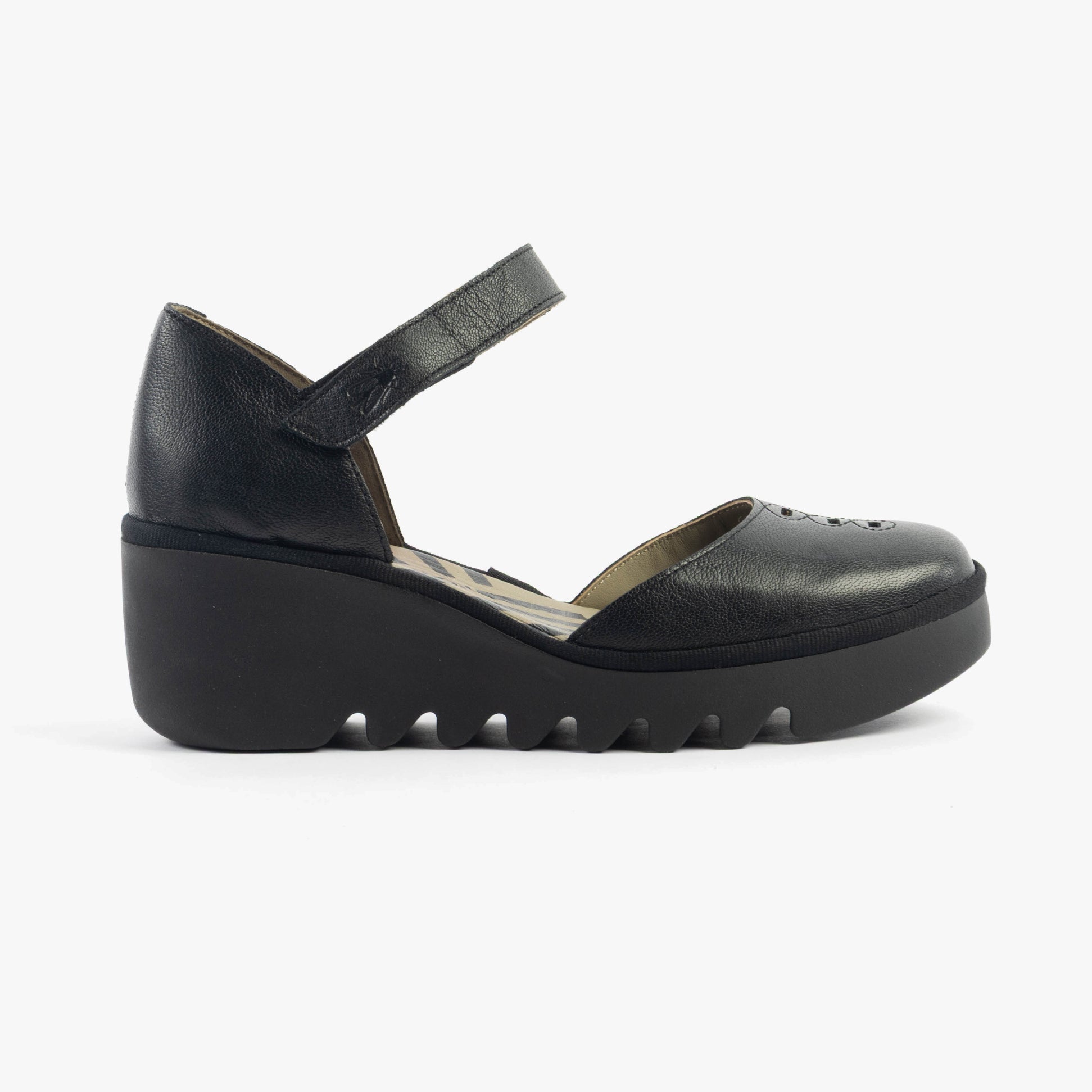 Fly London BISO305FLY Womens Sandals Black side view showcasing leather upper and wedge heel.