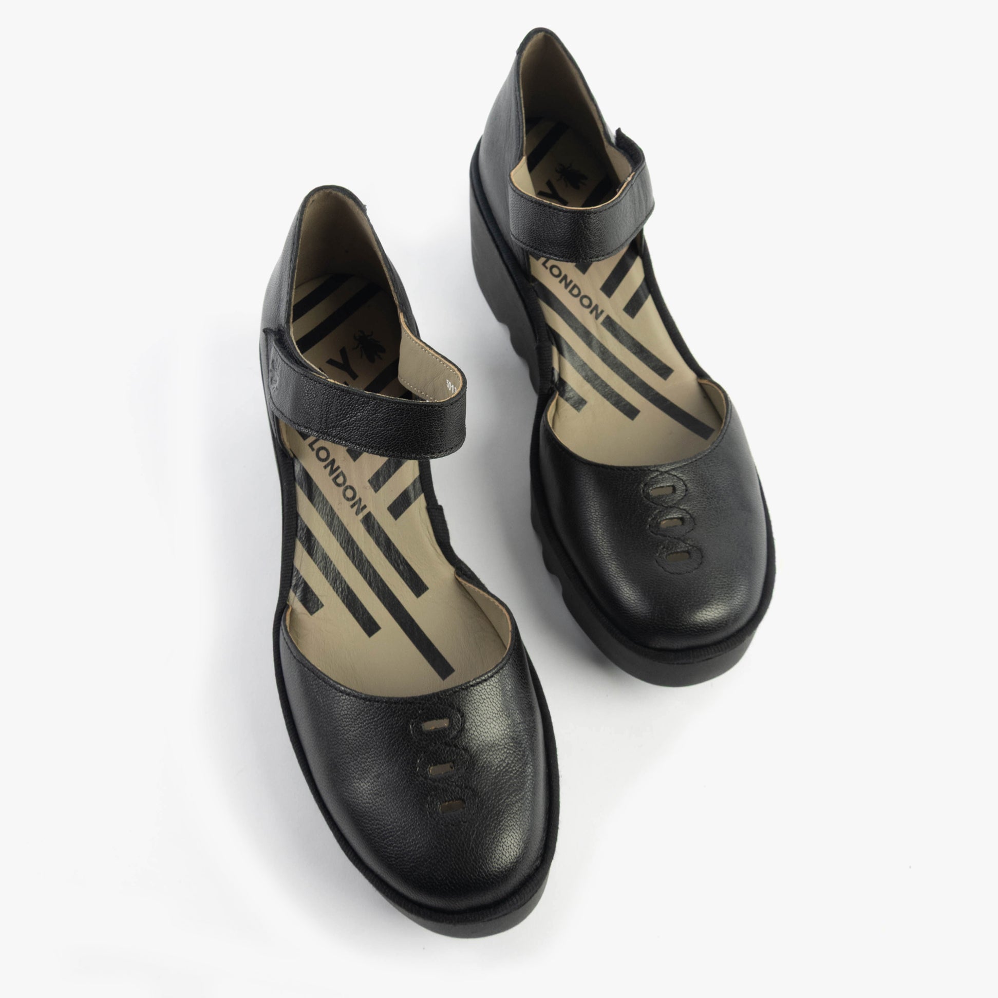 Fly London BISO305FLY Womens Sandals Black top view showing leather upper and touch fastening strap.