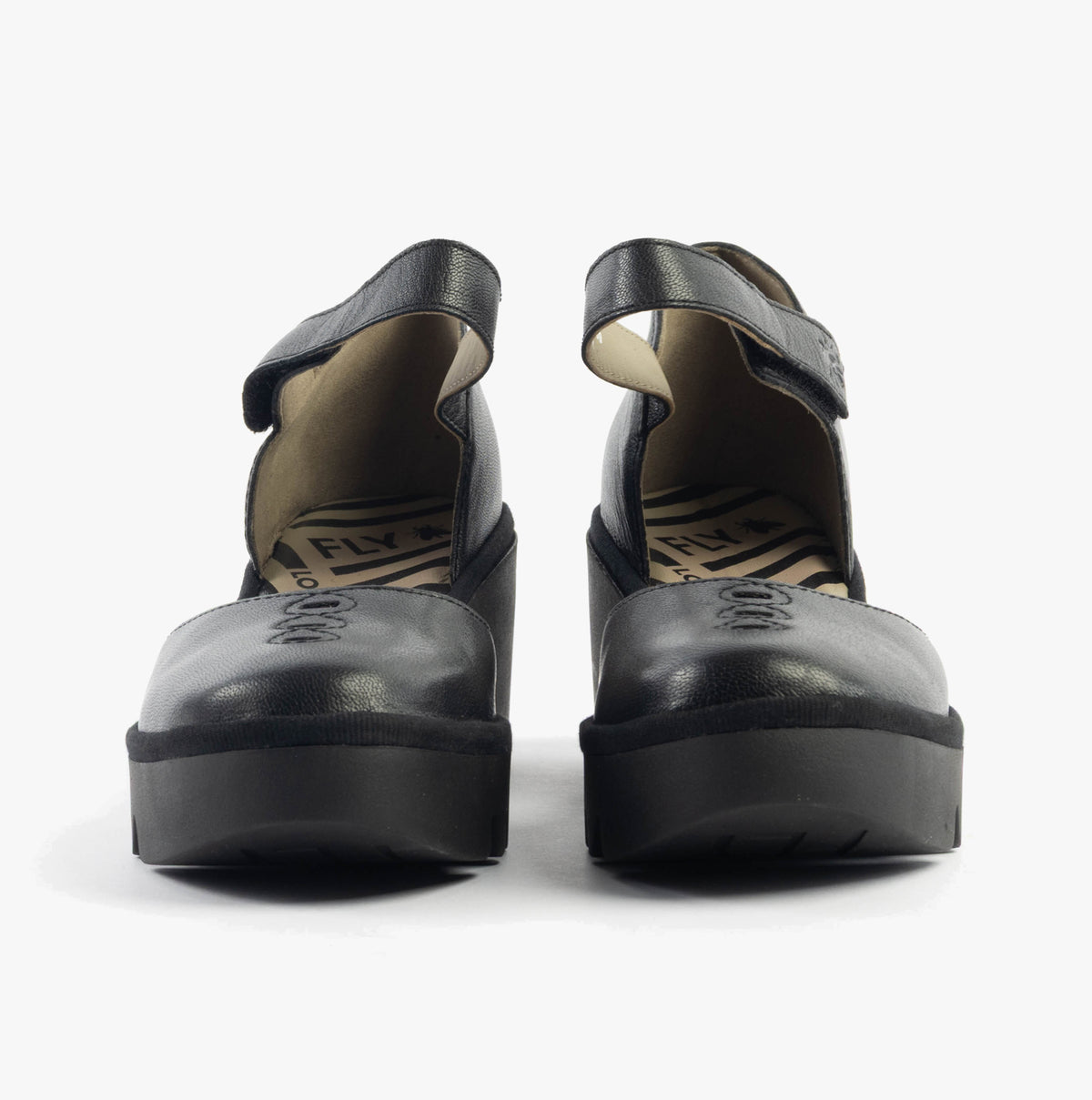 Fly London BISO305FLY Womens Sandals Black front view showcasing the leather upper and touch fasten closure.