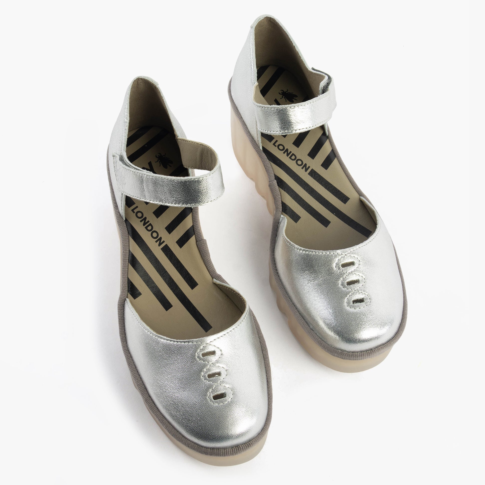 Fly London BISO305FLY Womens Sandals Silver top view showcasing the shiny metallic finish and round toe design.