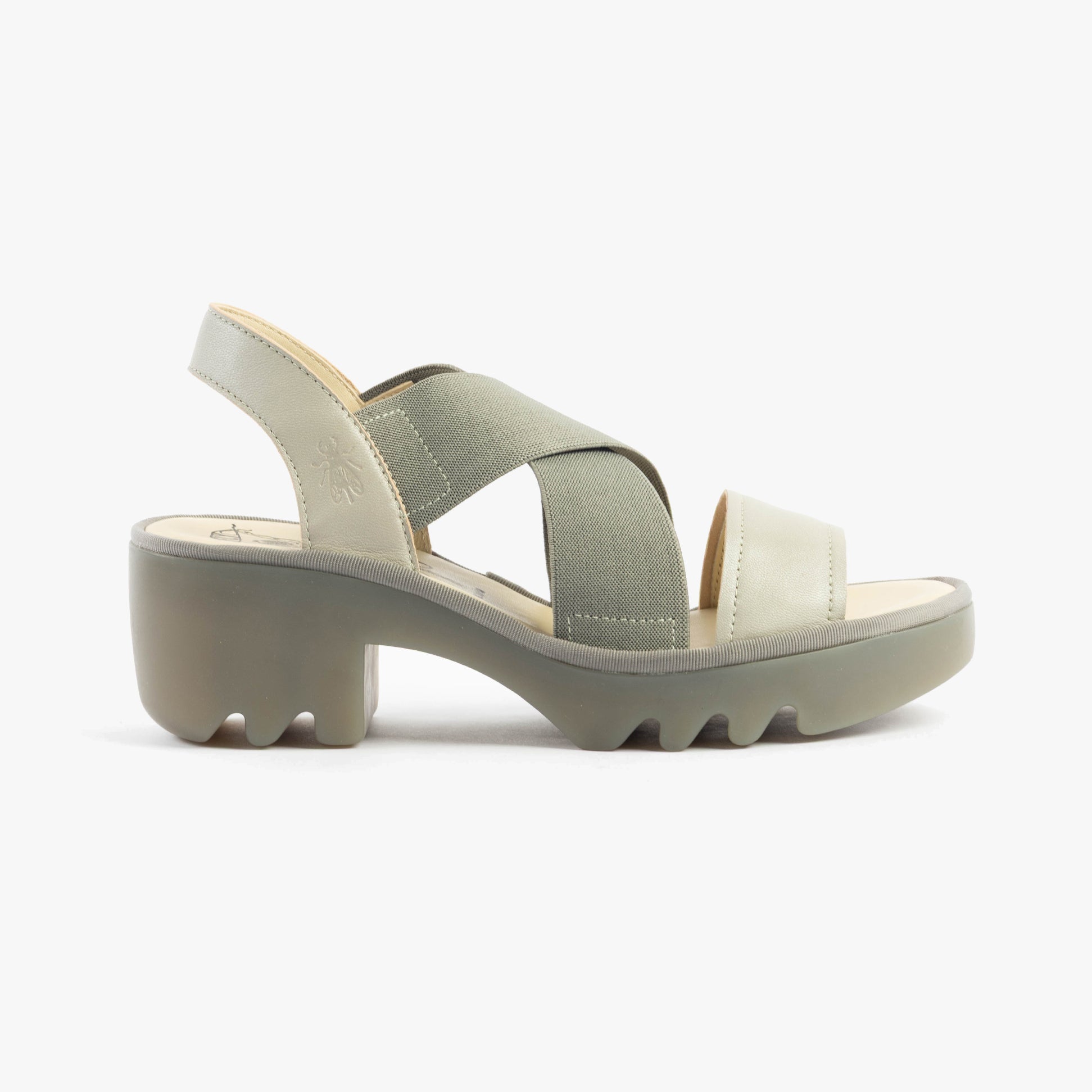 Fly London TAJI502FLY Womens Sandals Silver side view showing leather and textile upper with comfortable block heel.