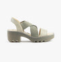 Fly London TAJI502FLY Womens Sandals Silver side view showing leather and textile upper with comfortable block heel.