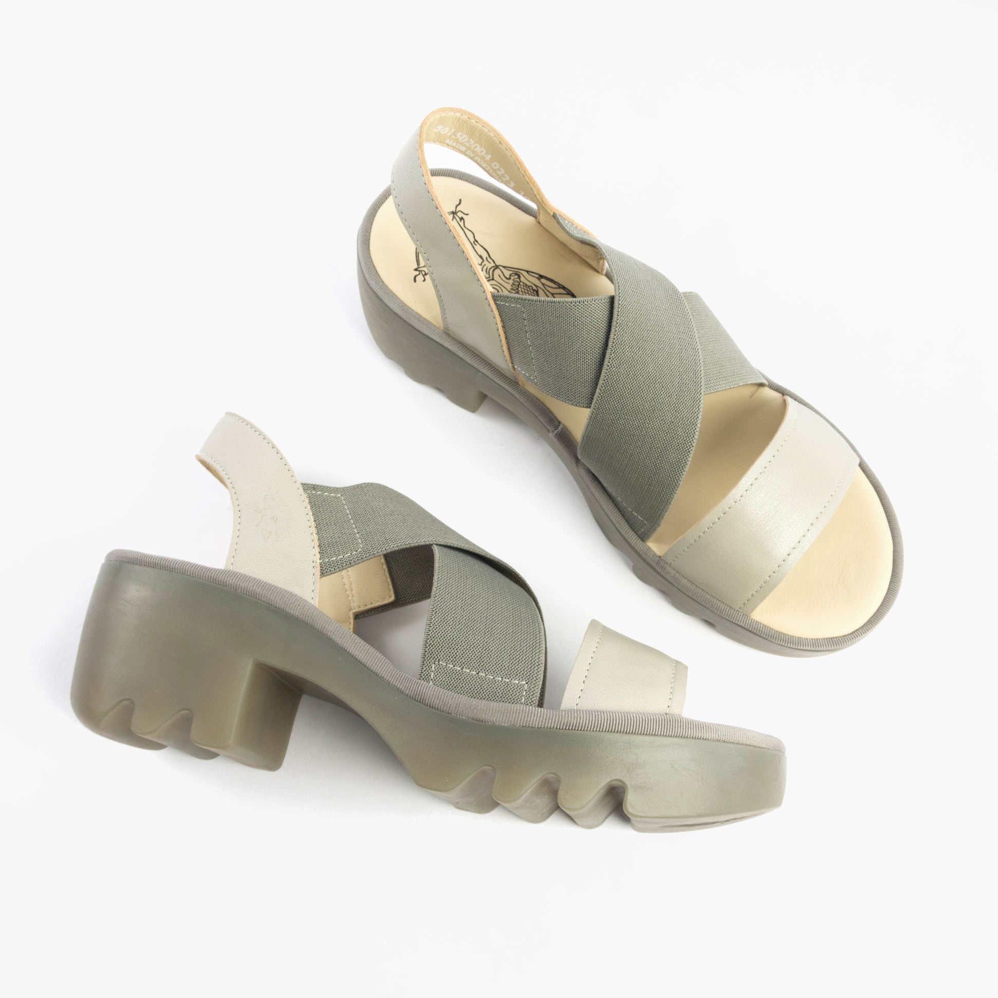 Fly London TAJI502FLY Womens Sandals Silver side view showing leather and textile upper with block heel.