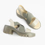 Fly London TAJI502FLY Womens Sandals Silver side view showing leather and textile upper with block heel.