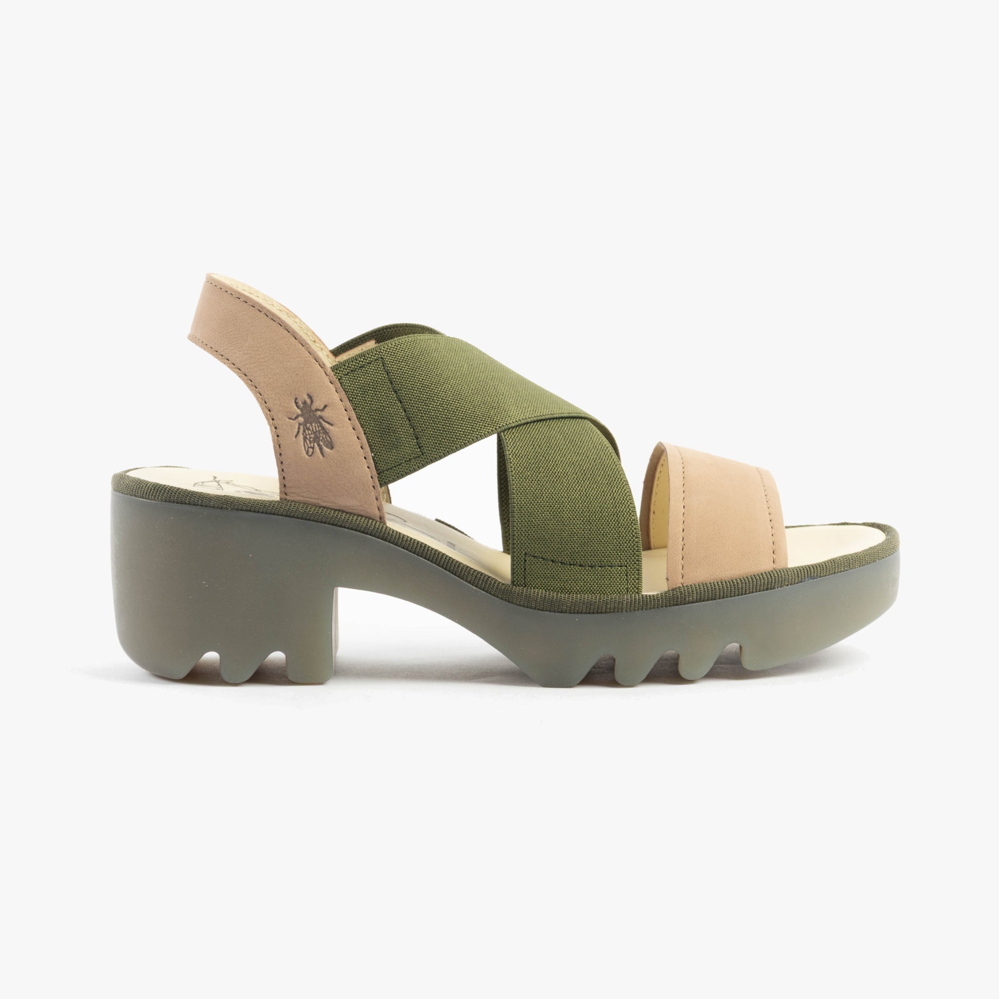 Fly London TAJI502FLY Womens Sandals Taupe/Khaki side view showcasing stylish design and comfortable block heel.