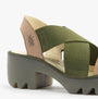 Fly London TAJI502FLY Womens Sandals Taupe/Khaki side view showing block heel and cross strap design.