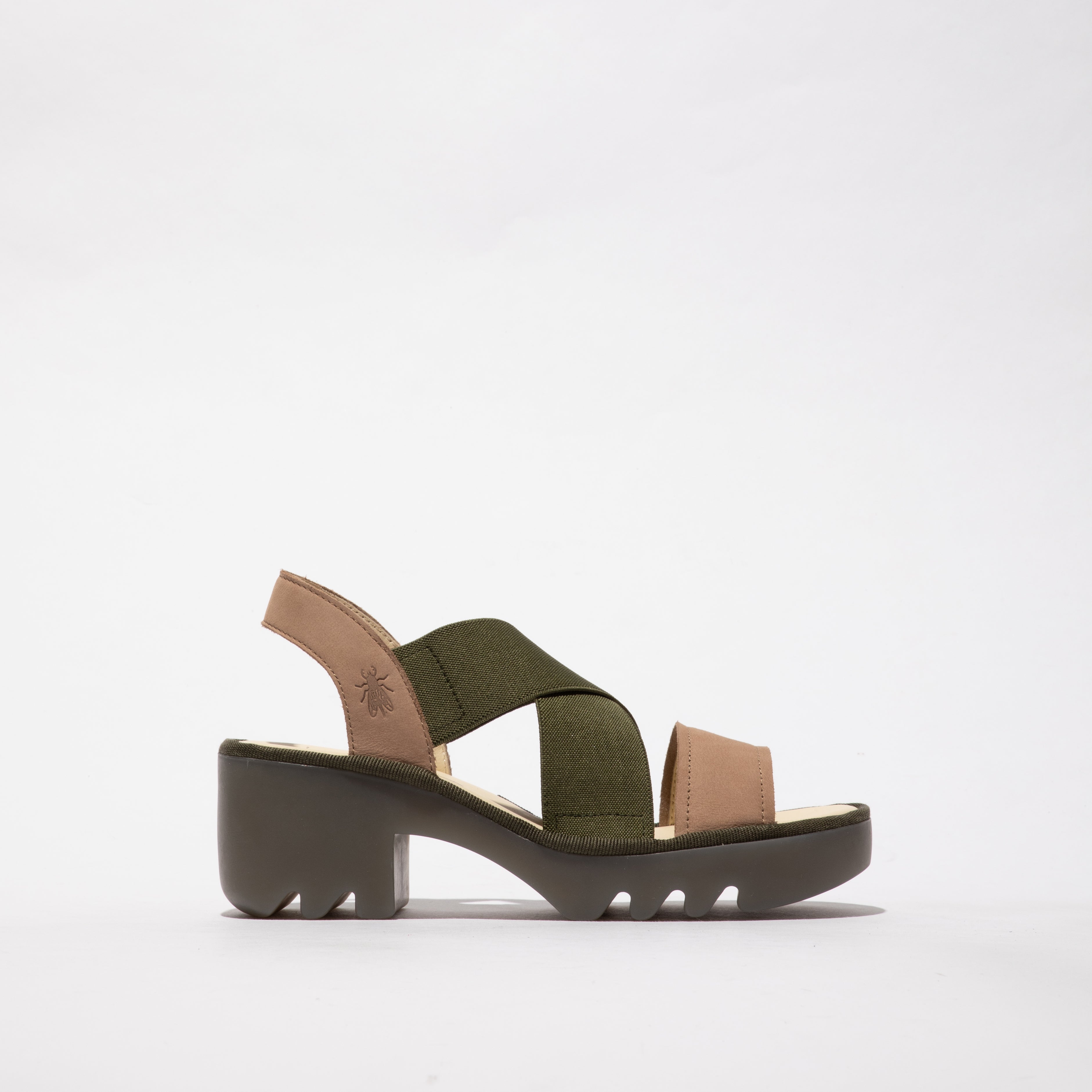 Fly London TAJI502FLY Womens Sandals Taupe/Khaki side view showcasing leather and textile upper.