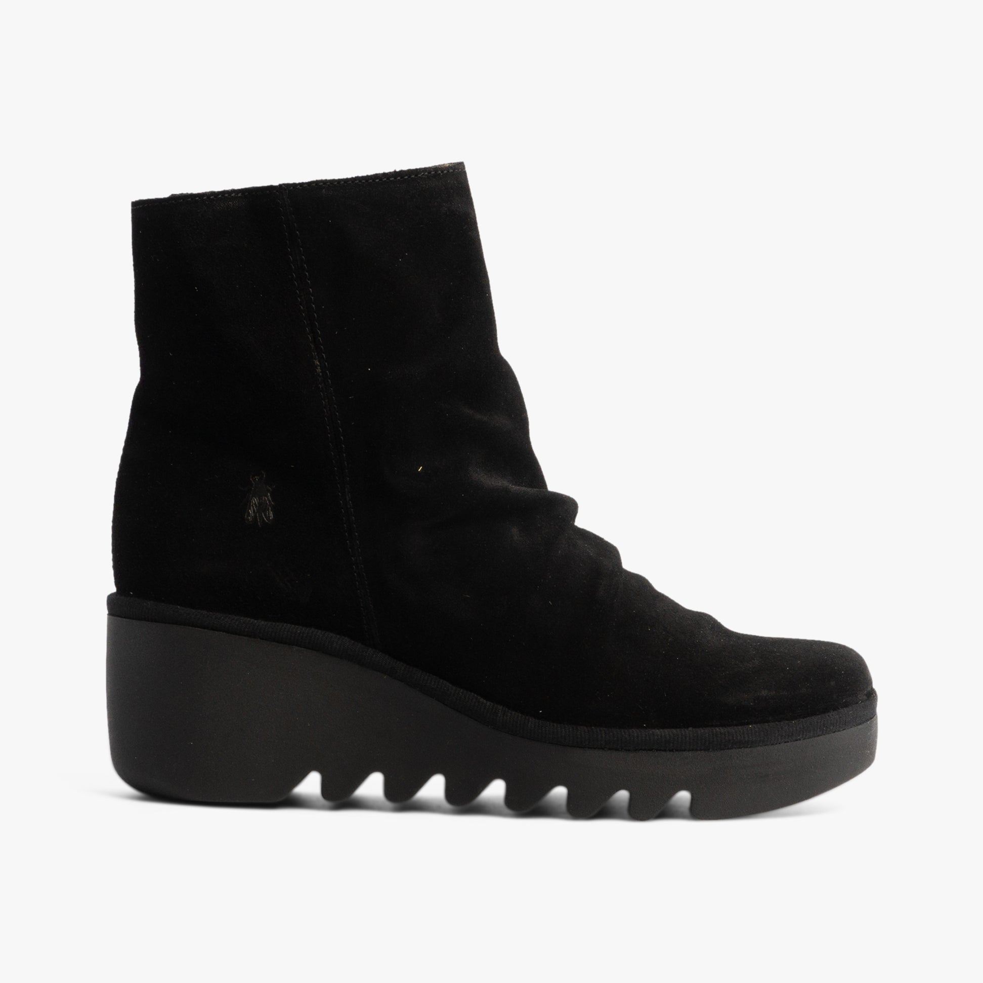 Fly London BAAN538FLY Womens Boots Black side view showing suede upper and wedge sole.