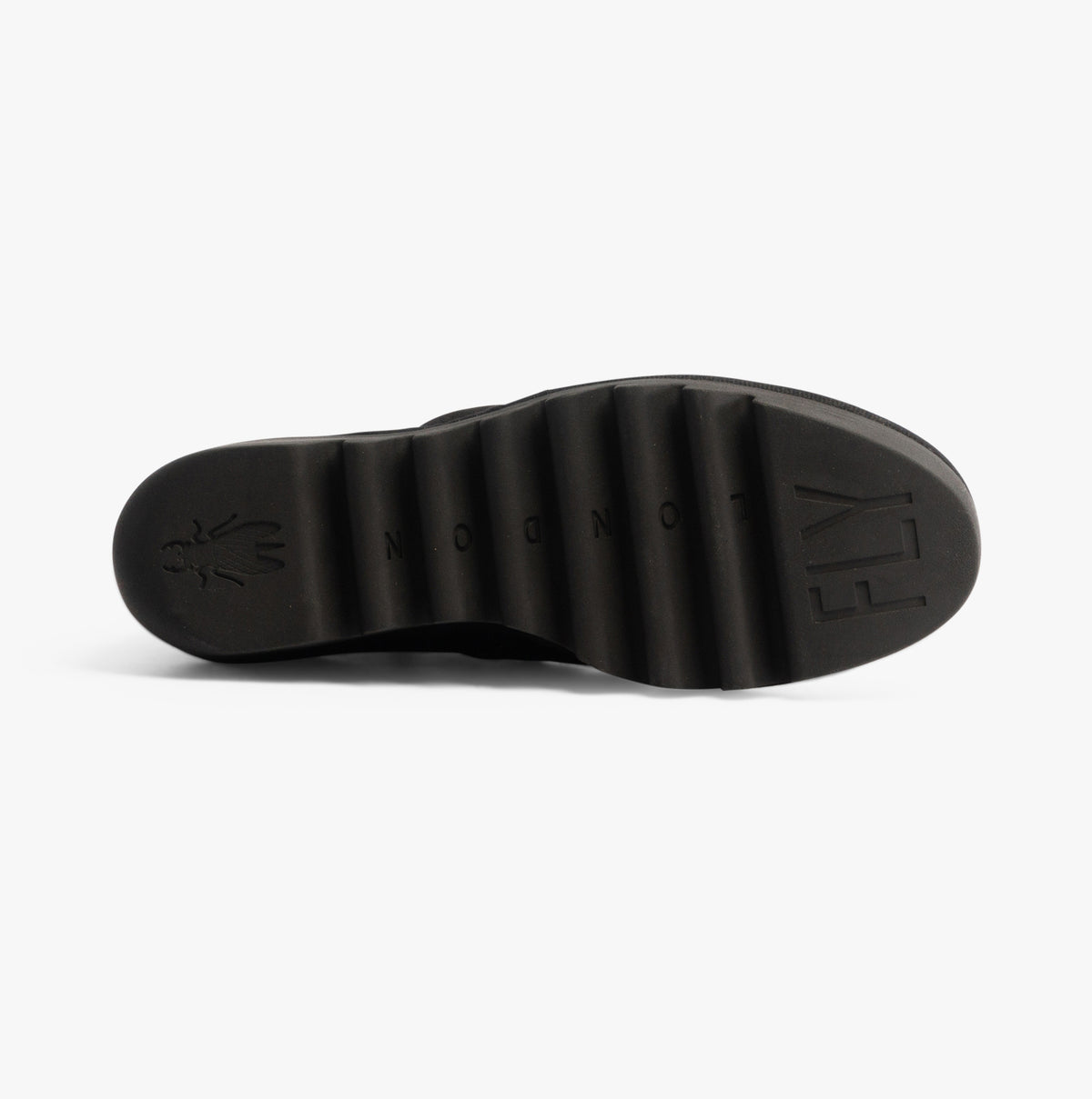 Fly London BAAN538FLY Womens Boots Black bottom view showing rubber sole with embossed logo.