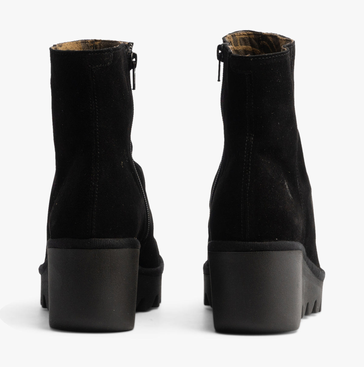 Fly London BAAN538FLY Womens Boots Black back view showcasing wedge heel and suede upper