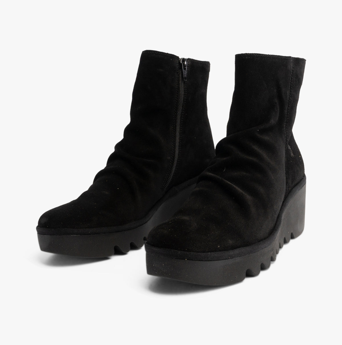 Fly London BAAN538FLY Womens Boots Black side view showing suede upper and wedge sole.