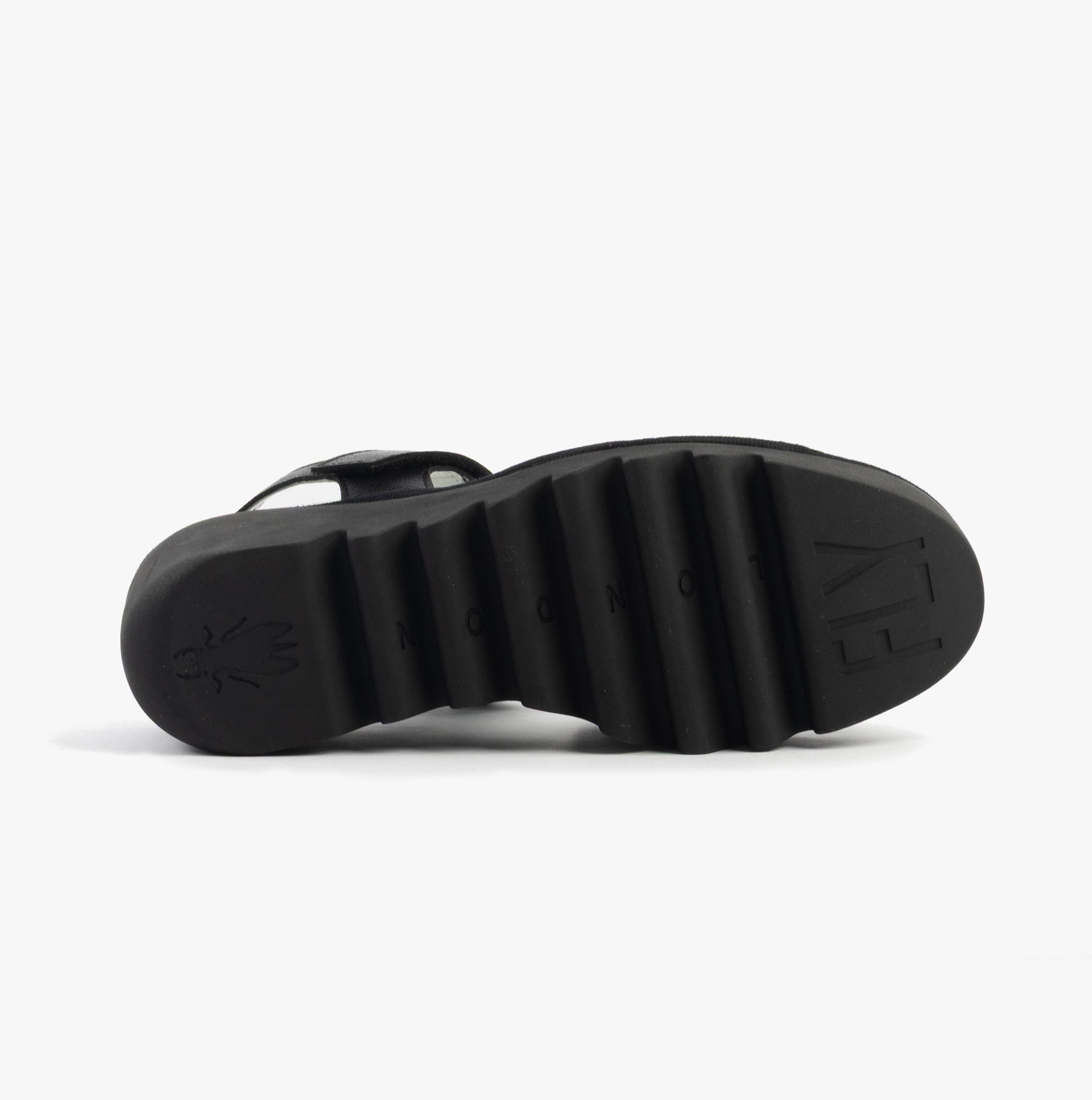 Fly London BEXY575FLY Womens Sandals Black sole view showing rubber material and wedge heel design.