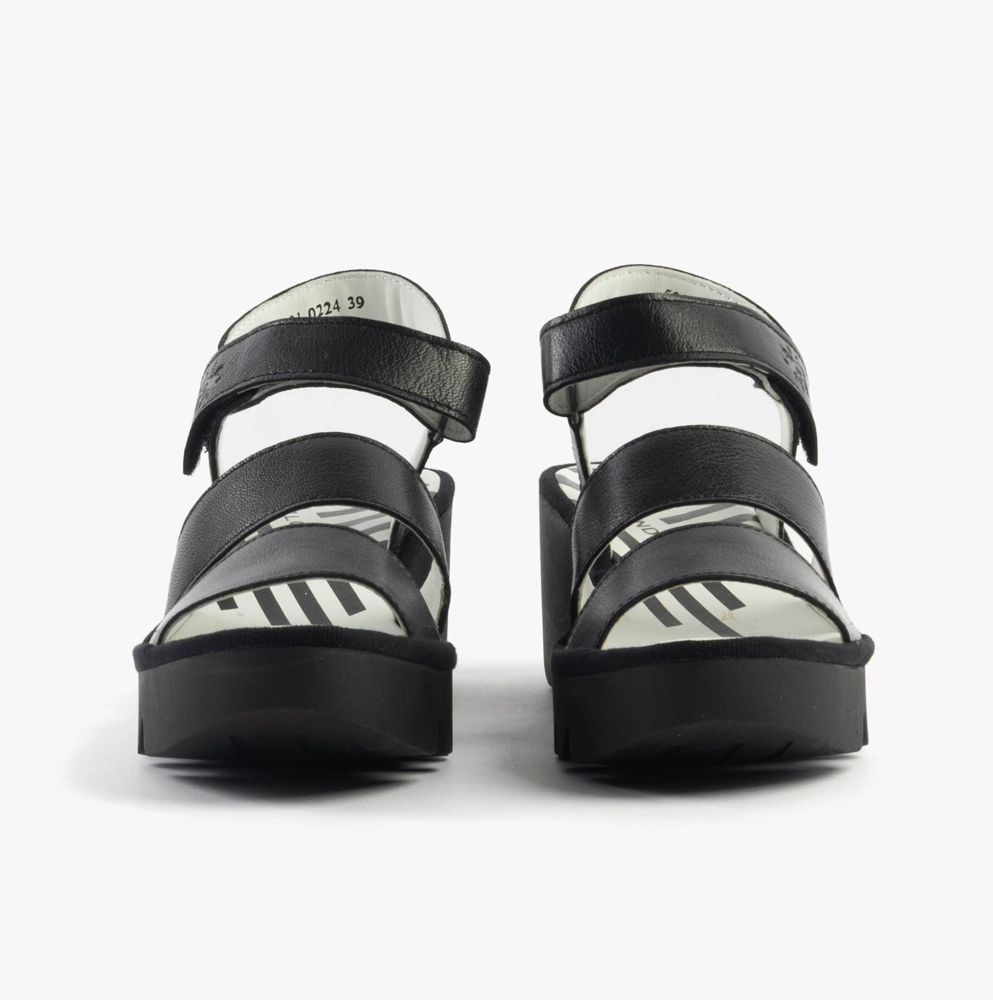 Fly London BEXY575FLY Womens Sandals Black front view showing leather upper and wedge heel design.