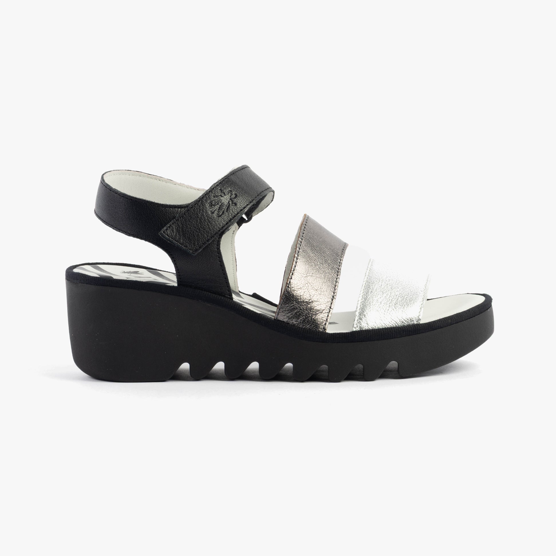 Fly London BEXY575FLY Womens Sandals Silver/Graphite/Black side view showing wedge heel and touch fasten design