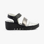 Fly London BEXY575FLY Womens Sandals Silver/Graphite/Black side view showing wedge heel and touch fasten design