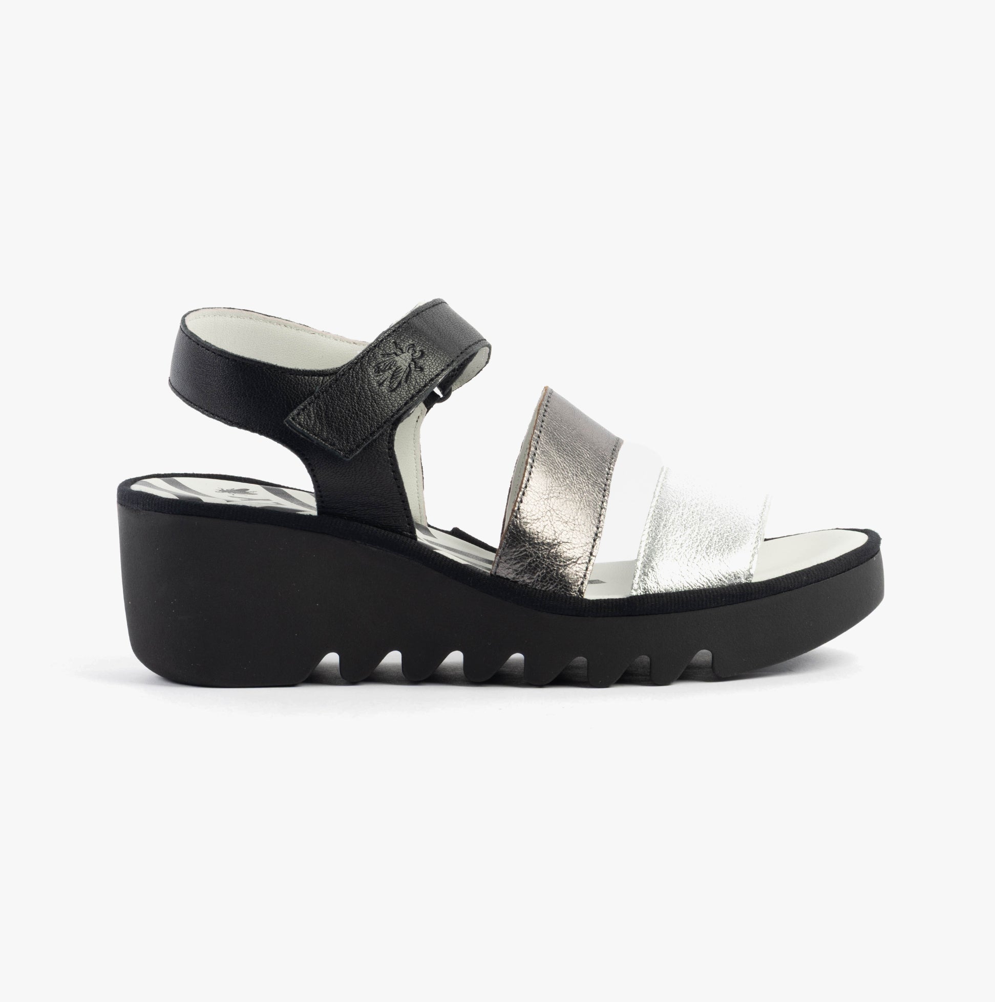 Fly London BEXY575FLY Womens Sandals Silver/Graphite/Black side view showing wedge heel and touch fasten design