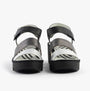 Fly London BEXY575FLY Womens Sandals Silver/Graphite/Black front view, featuring wedge heels and touch fasten closure.