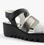 Fly London BEXY575FLY Womens Sandals Silver/Graphite/Black side view showing leather upper and wedge heel.