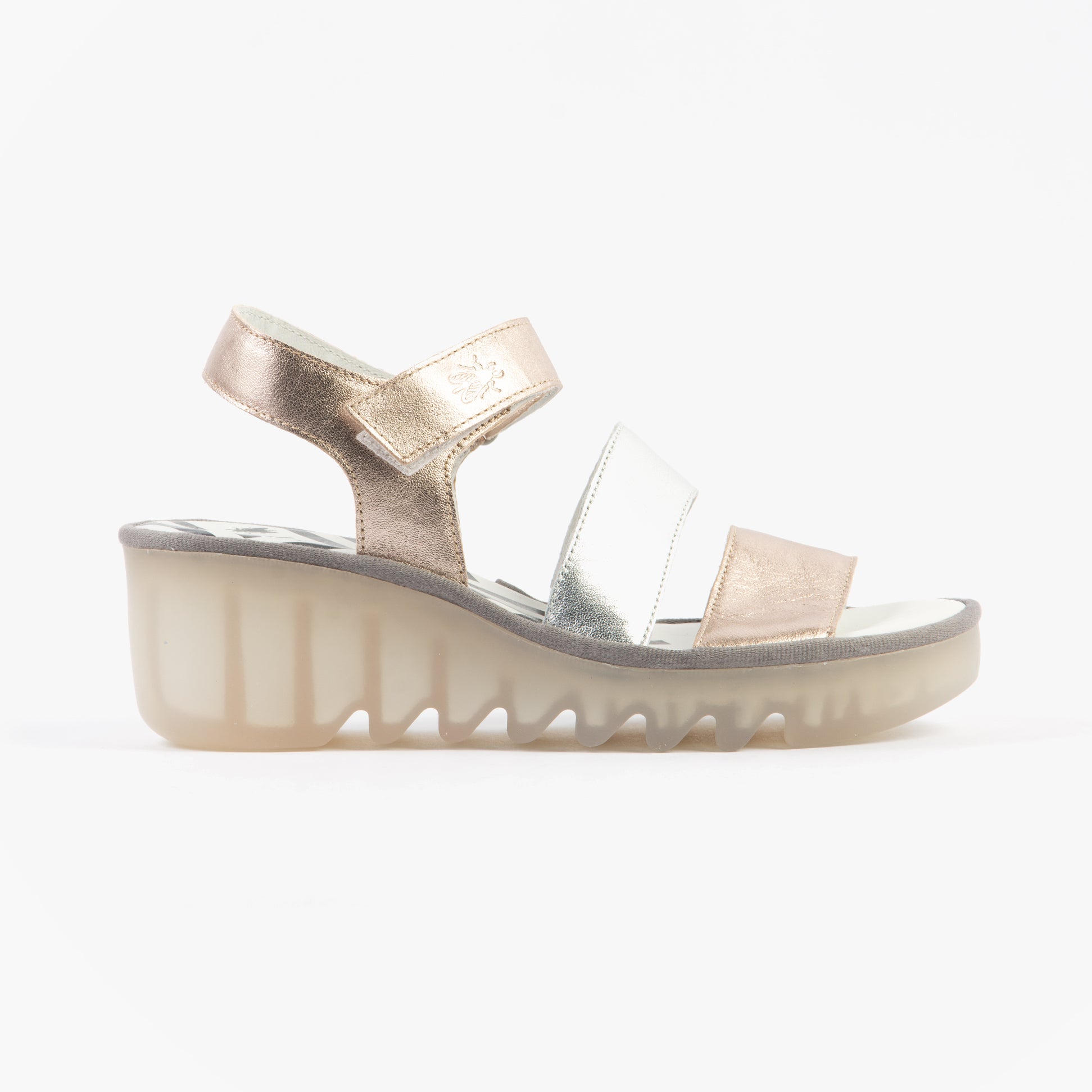 Fly London BEXY575FLY Womens Sandals Sahara/Silver side view, featuring leather straps and wedge heel.