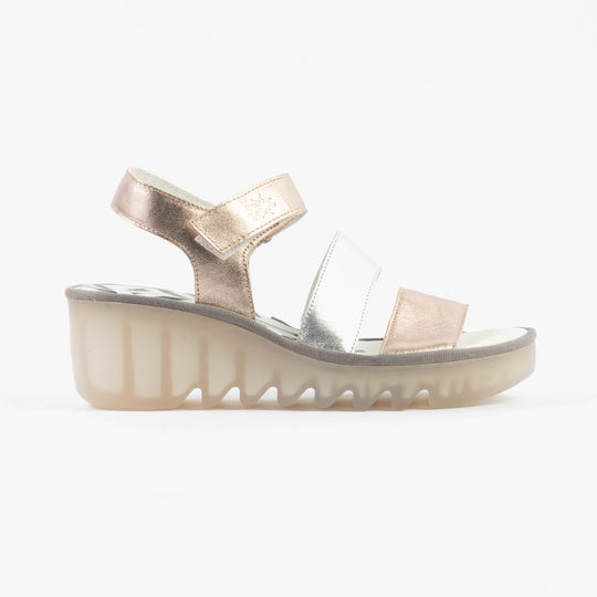Fly London BEXY575FLY Womens Sandals Sahara/Silver side view, featuring leather straps and wedge heel.