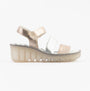 Fly London BEXY575FLY Womens Sandals Sahara/Silver side view, featuring leather straps and wedge heel.