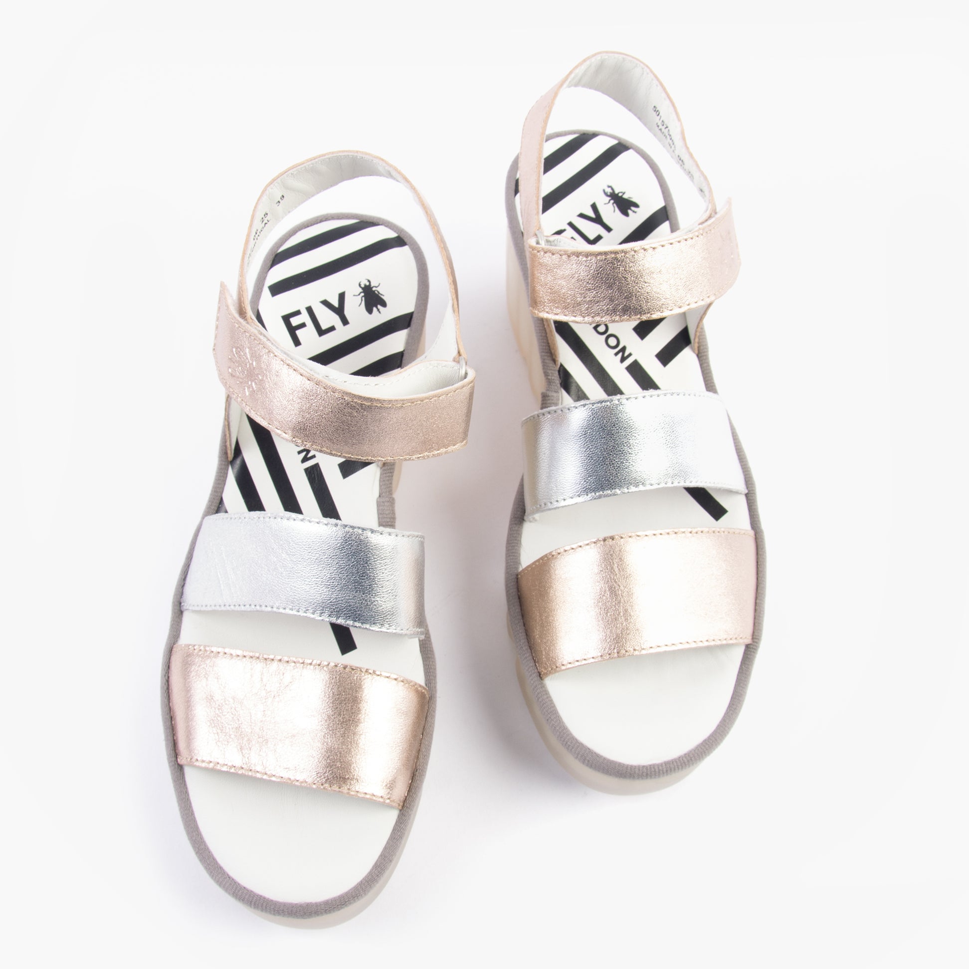 Fly London BEXY575FLY Womens Sandals Sahara/Silver top view showcasing stylish leather design.