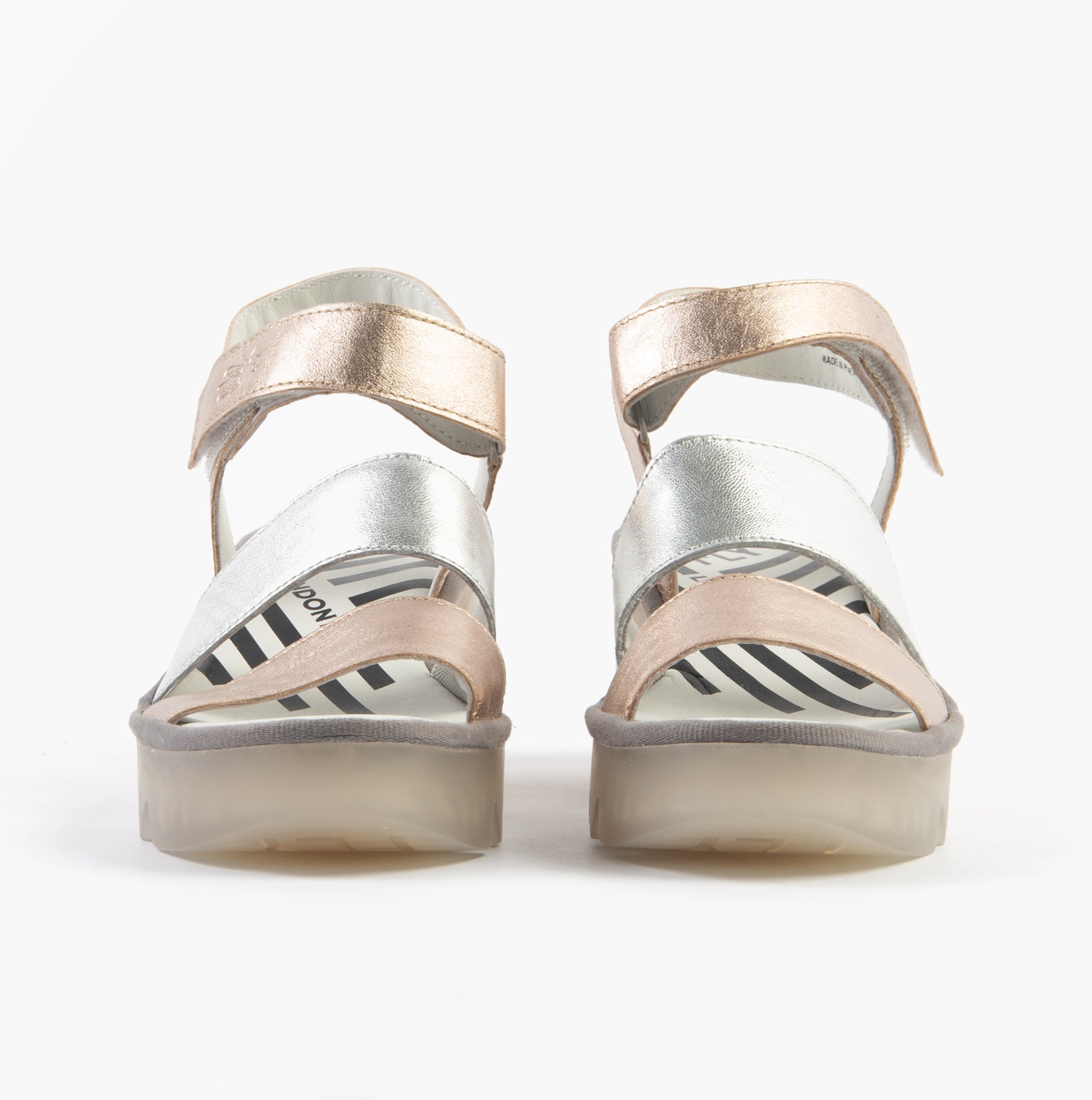 Fly London BEXY575FLY Womens Sandals Sahara/Silver rear view showcasing leather upper and wedge heel design.