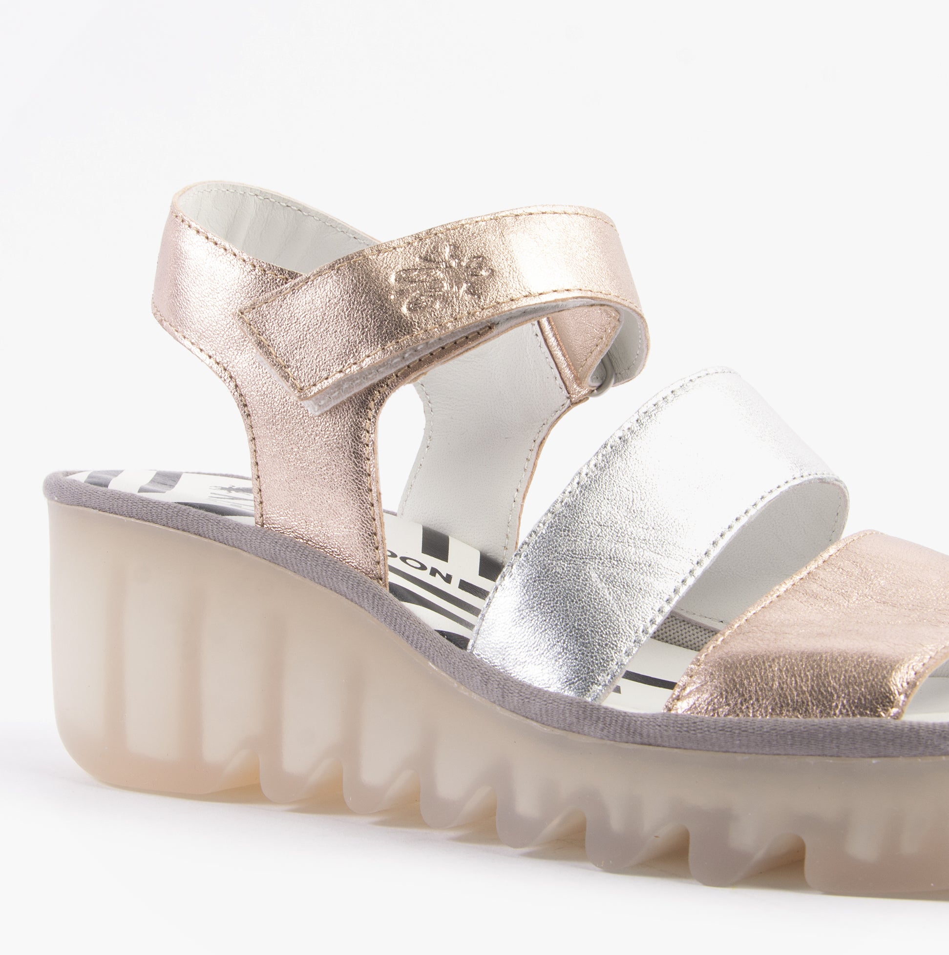 Fly London BEXY575FLY Womens Sandals Sahara/Silver side view showing leather straps and medium wedge heel.
