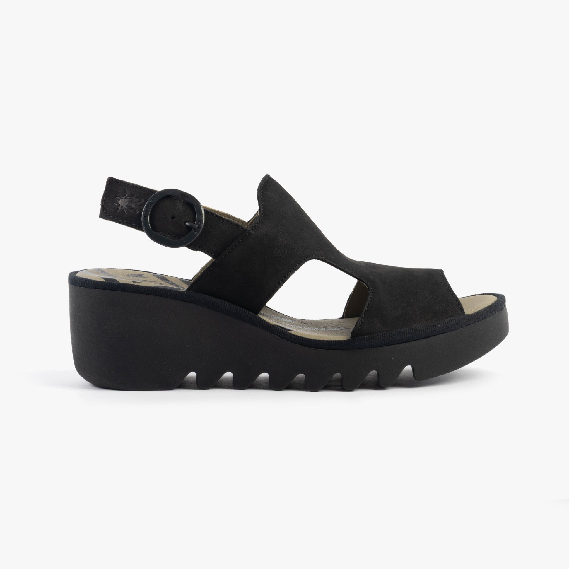 Fly London BAIF585FLY Womens Sandals Black side view showing leather upper and wedge heel design.