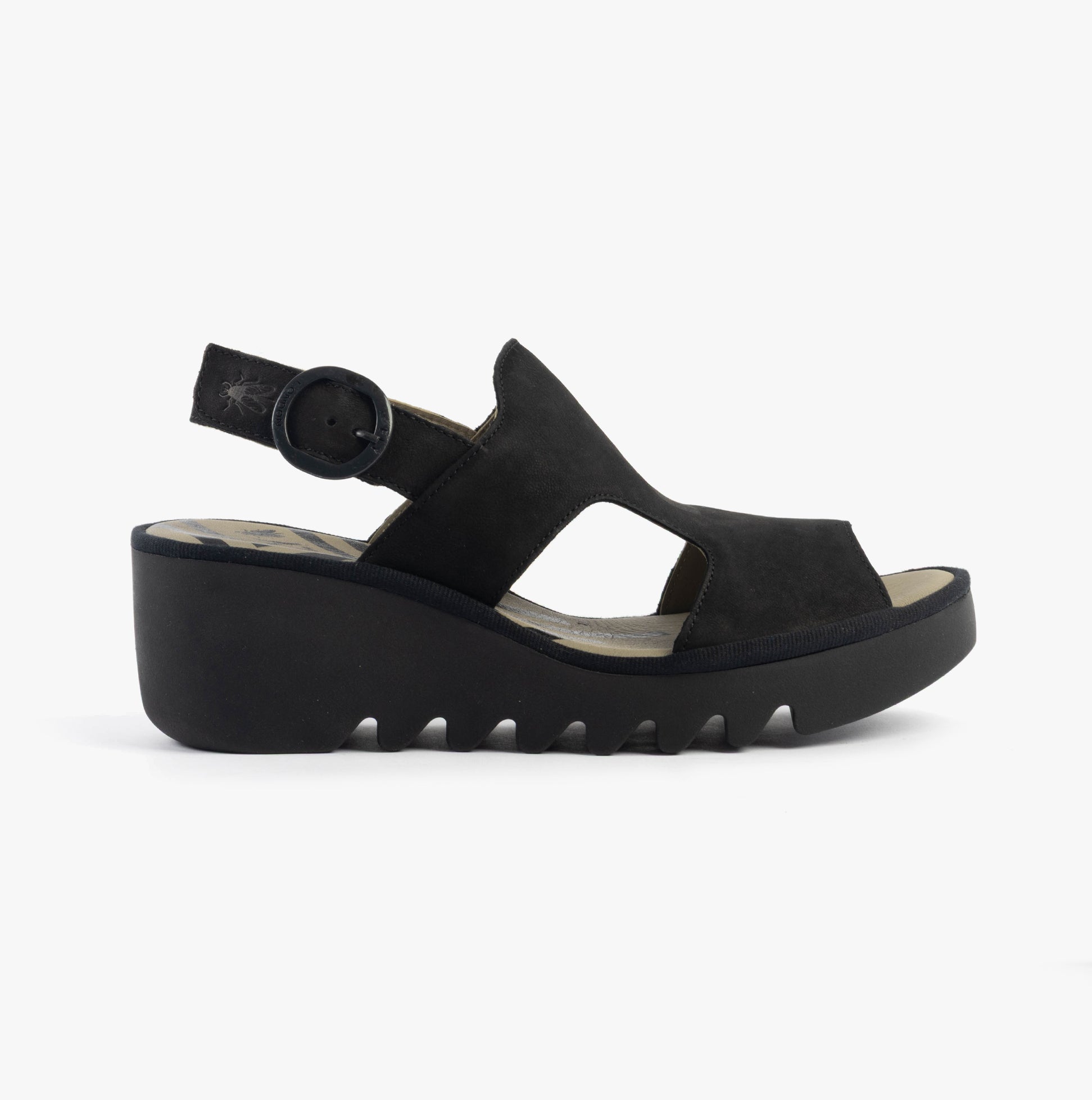 Fly London BAIF585FLY Womens Sandals Black side view showing leather upper and wedge heel design.