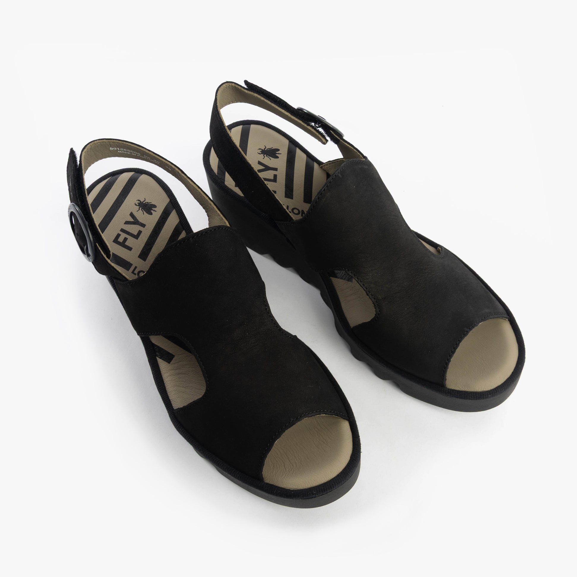 Fly London BAIF585FLY Womens Sandals Black top view showcasing leather design and buckle detail.